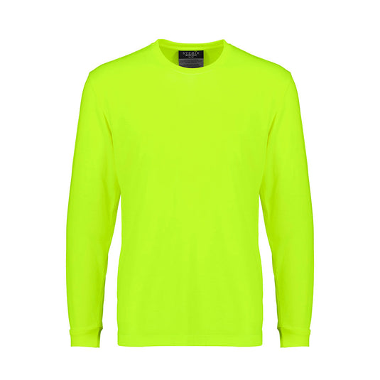 Syzmik Mens Hi Vis Long Sleeve Tee, designed for workplace safety, features a modern fit with taped shoulders and neck, providing UPF 50 protection, made from soft, breathable polyester-rayon fabric.