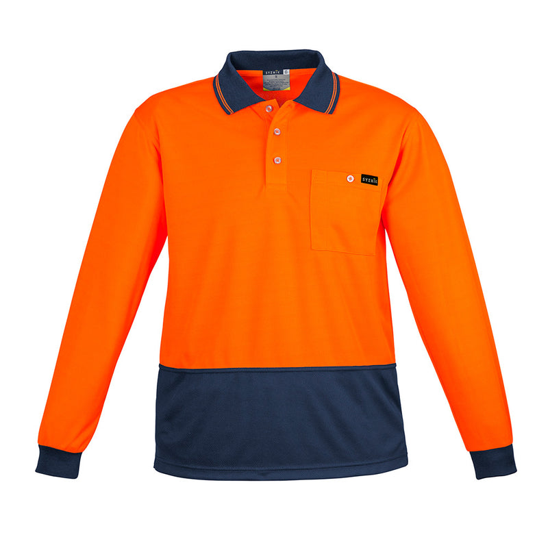 Load image into Gallery viewer, Syzmik Hi Vis Comfort Back L/S Polo Shirt featuring a chest pocket, crafted from a super soft, breathable fabric blend ideal for safety and workwear settings, offered by Active Safety.