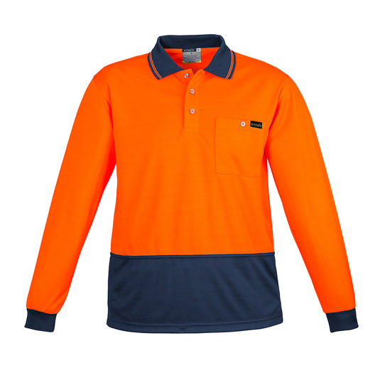 Syzmik Hi Vis Comfort Back L/S Polo Shirt featuring a chest pocket, crafted from a super soft, breathable fabric blend ideal for safety and workwear settings, offered by Active Safety.