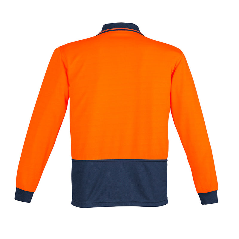 Load image into Gallery viewer, Syzmik Hi Vis Comfort Back L/S Polo Shirt with long sleeves, showcasing its front and back, features a chest pocket and is made from breathable, moisture-wicking fabric, ideal for workplace safety.