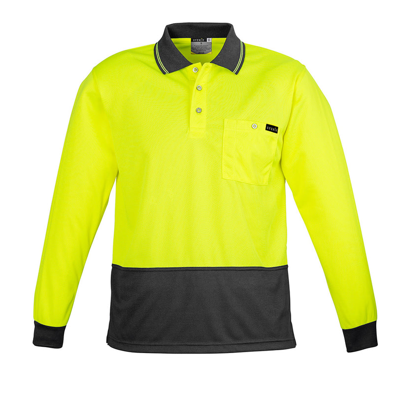 Load image into Gallery viewer, Syzmik Hi Vis Comfort Back L/S Polo Shirt, featuring long sleeves and a yellow and black color scheme, crafted from soft, breathable fabric with a chest pocket, ideal for workplace safety.