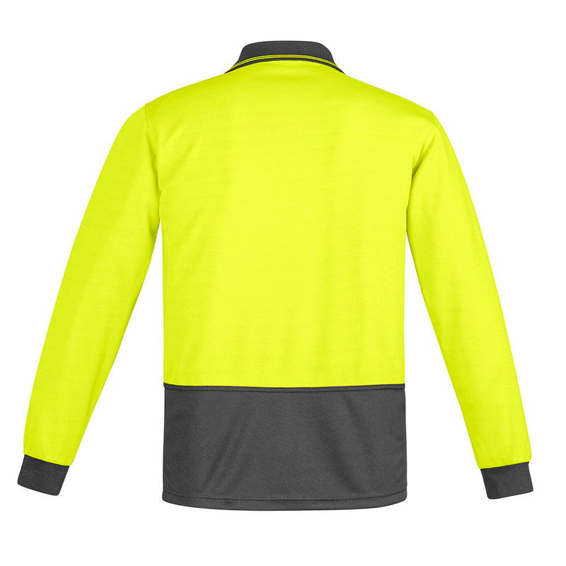 Load image into Gallery viewer, Syzmik Hi Vis Comfort Back L/S Polo Shirt featuring a chest pocket and long sleeves, designed with a breathable, moisture-wicking fabric blend, ideal for workplace safety and comfort.