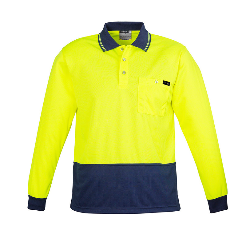 Load image into Gallery viewer, Syzmik Hi Vis Comfort Back L/S Polo Shirt featuring a long sleeve design, chest pocket, and breathable fabric blend, ideal for safety and work environments.