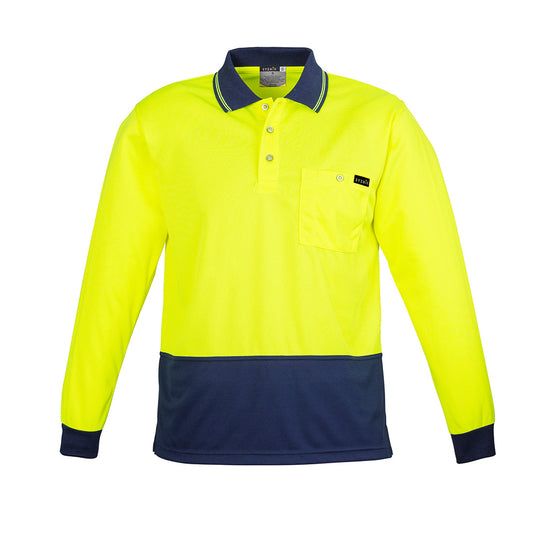 Syzmik Hi Vis Comfort Back L/S Polo Shirt featuring a long sleeve design, chest pocket, and breathable fabric blend, ideal for safety and work environments.