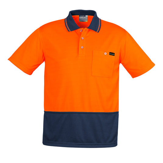 Syzmik Hi Vis Comfort Back S/S Polo Shirt featuring a short-sleeve design with a chest pocket, crafted from a soft, breathable blend for active work environments, ideal for safety-focused workplaces.