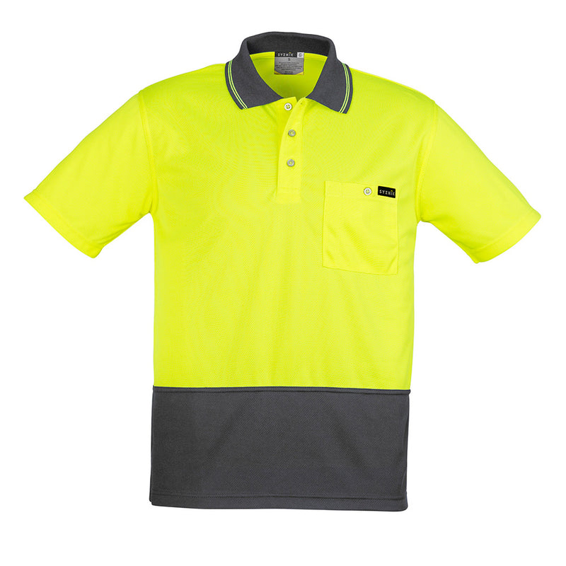 Load image into Gallery viewer, Syzmik Hi Vis Comfort Back S/S Polo Shirt featuring a yellow and grey design with a chest pocket. Made from a soft, breathable blend of polyester, Tencel, and cotton, ideal for safety and comfort.