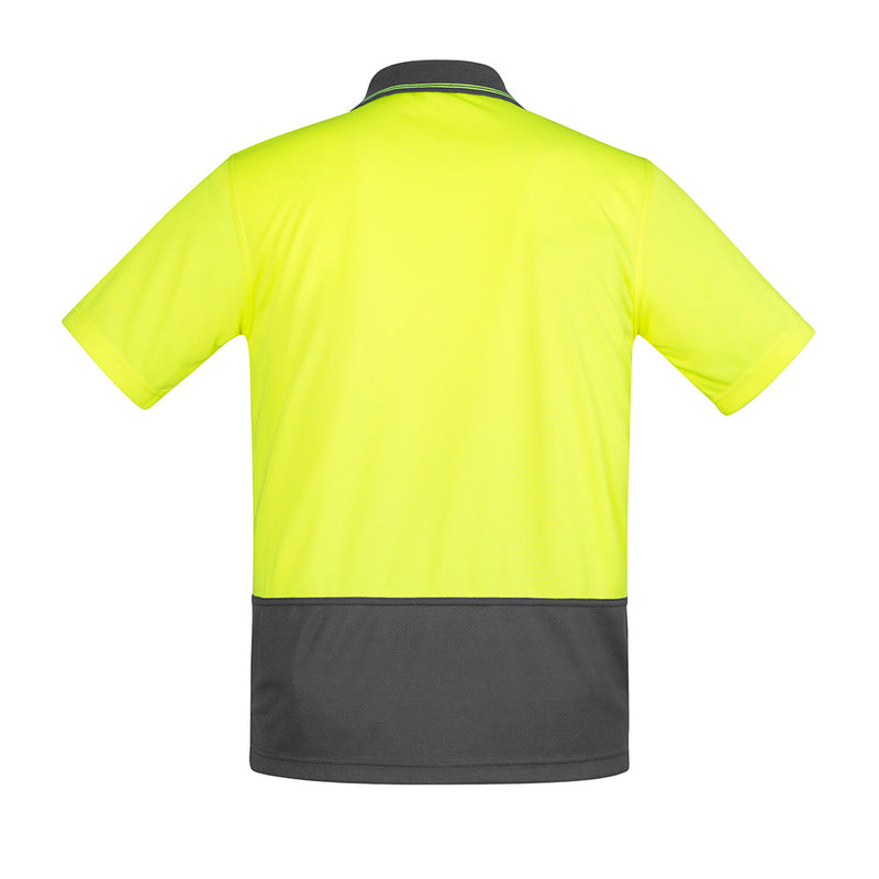 Load image into Gallery viewer, Syzmik Hi Vis Comfort Back S/S Polo Shirt, featuring a yellow and grey design, crafted from a breathable blend of polyester, Tencel, and cotton. Ideal for active safety environments with its moisture-wicking fabric and chest pocket.