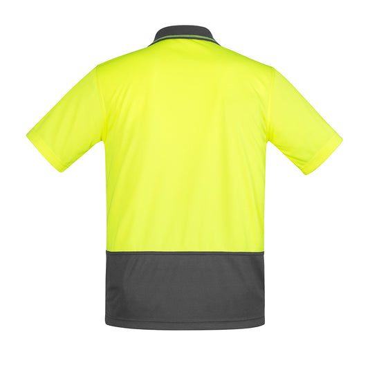 Syzmik Hi Vis Comfort Back S/S Polo Shirt, featuring a yellow and grey design, crafted from a breathable blend of polyester, Tencel, and cotton. Ideal for active safety environments with its moisture-wicking fabric and chest pocket.