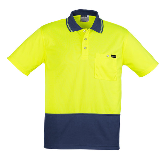 Syzmik Hi Vis Comfort Back S/S Polo Shirt featuring a yellow and blue design, short sleeves, a collar, and a chest pocket, crafted for breathability and comfort with a polyester, Tencel, and cotton blend.