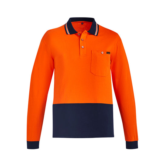 Syzmik Hi Vis Cotton Long Sleeve Polo with chest pocket and pen partition, designed for comfort and safety in high-risk environments, from Active Safety's workwear collection.