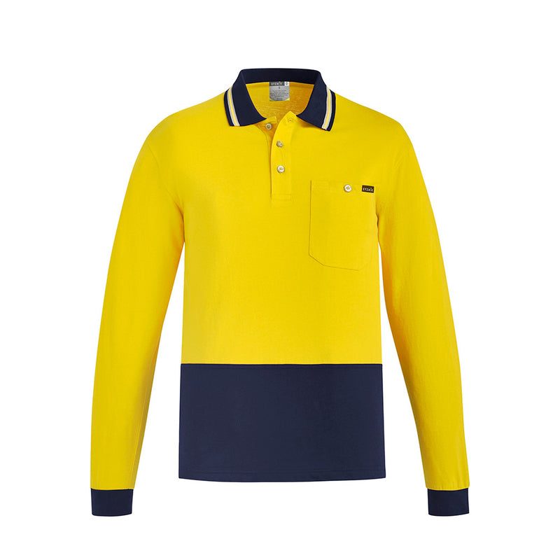 Load image into Gallery viewer, Syzmik Hi Vis Cotton Long Sleeve Polo featuring a chest pocket with pen partition, designed for safety and comfort in high-risk work environments, ideal for workplace safety and uniform needs.
