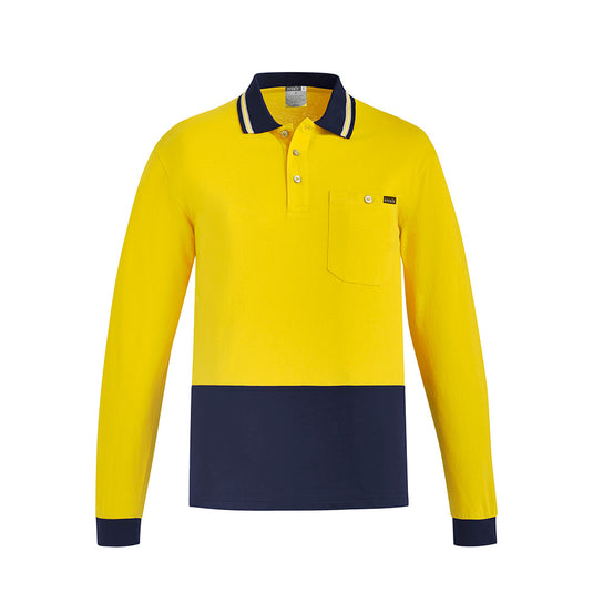 Syzmik Hi Vis Cotton Long Sleeve Polo featuring a chest pocket with pen partition, designed for safety and comfort in high-risk work environments, ideal for workplace safety and uniform needs.