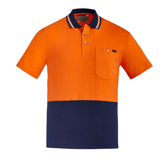 Syzmik Hi Vis Cotton S/S Polo Shirt featuring a classic collar, chest pocket with pen partition, and short sleeves, ideal for safety and comfort in workplace environments.