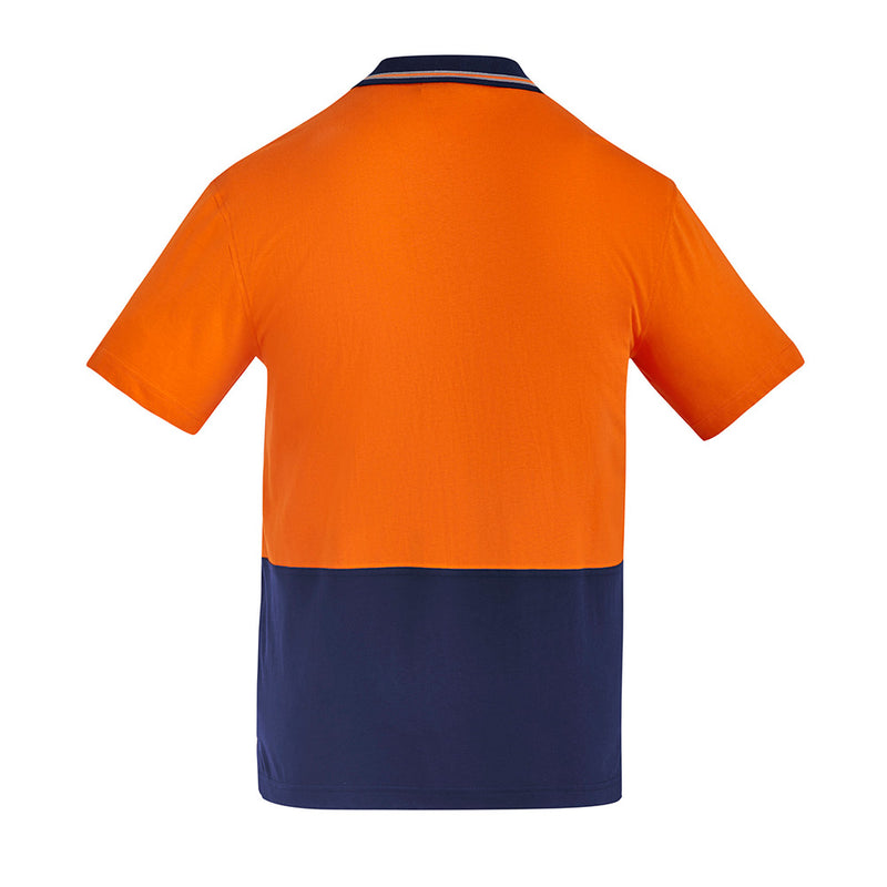 Load image into Gallery viewer, Syzmik Hi Vis Cotton S/S Polo Shirt showcasing its back, highlighting the breathable fabric and functional design, ideal for safety environments. Features include a chest pocket with pen partition and UPF 50 protection.