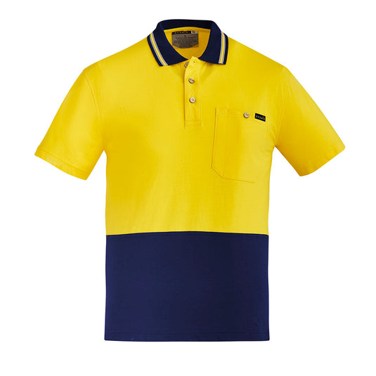 Syzmik Hi Vis Cotton S/S Polo Shirt featuring a classic collar and short sleeves, designed with a chest pocket and pen partition, ideal for high-risk environments with UPF 50 protection.