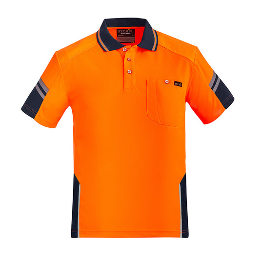 Syzmik Hi Vis Reinforced Squad Polo Shirt with reinforced shoulders, moisture-wicking polyester, and chest pocket with pen insert, ideal for safety and comfort in active work environments.