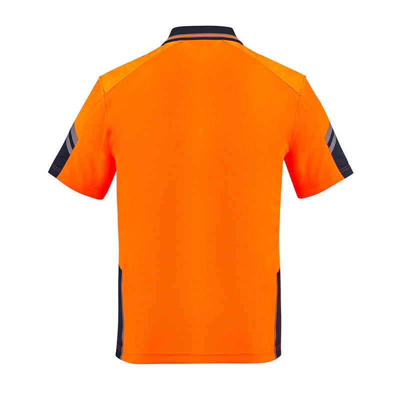 Load image into Gallery viewer, Syzmik Hi Vis Reinforced Squad Polo Shirt, showcasing its back with reinforced hi-vis polyester and padded shoulder area for comfort, ideal for carrying heavy items, designed for active safety environments.