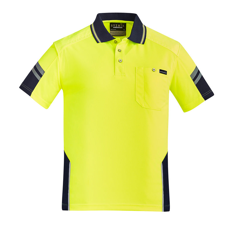 Load image into Gallery viewer, Syzmik Hi Vis Reinforced Squad Polo Shirt, designed for safety and comfort, features a reinforced shoulder with abrasion-resistant polyester and light fleece padding, ideal for active work environments.