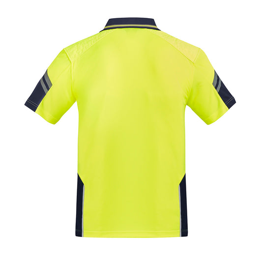 Syzmik Hi Vis Reinforced Squad Polo Shirt featuring black stripes, abrasion-resistant shoulders with light fleece padding, chest pocket with pen insert, designed for comfort and durability in demanding work environments.
