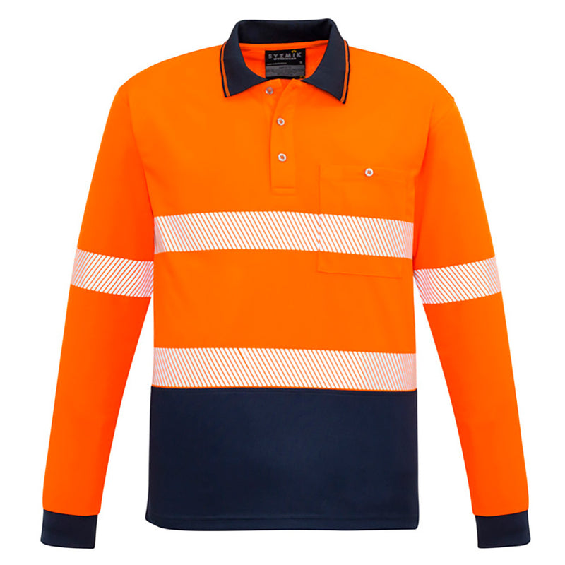 Load image into Gallery viewer, Syzmik Hi Vis Segmented Tape L/S Polo Shirt featuring a long sleeve design with segmented tape for flexibility. Ideal for safety environments, it includes a chest pocket with pen insert, offering moisture-wicking and quick-dry properties.