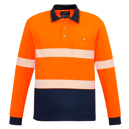 Syzmik Hi Vis Segmented Tape L/S Polo Shirt featuring a long sleeve design with segmented tape for flexibility. Ideal for safety environments, it includes a chest pocket with pen insert, offering moisture-wicking and quick-dry properties.