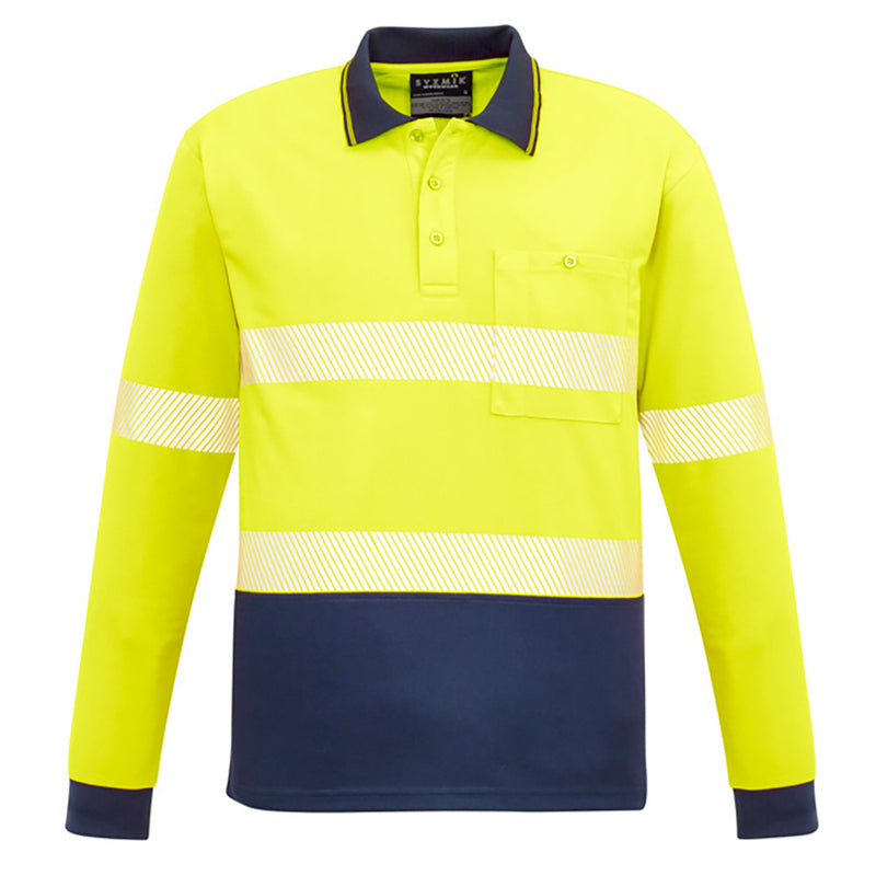Load image into Gallery viewer, Syzmik Hi Vis Segmented Tape L/S Polo Shirt with long sleeves, featuring ultra-comfortable segmented tape and a chest pocket with pen insert, ideal for safety and workwear needs.
