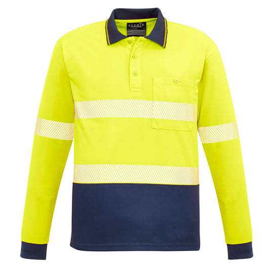 Syzmik Hi Vis Segmented Tape L/S Polo Shirt with long sleeves, featuring ultra-comfortable segmented tape and a chest pocket with pen insert, ideal for safety and workwear needs.