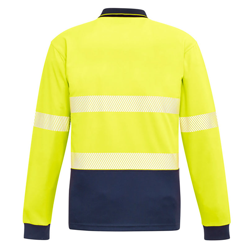 Load image into Gallery viewer, Syzmik Hi Vis Segmented Tape L/S Polo Shirt, featuring long sleeves and a chest pocket with a pen insert, designed for optimal comfort and moisture wicking, ideal for workplace safety environments.