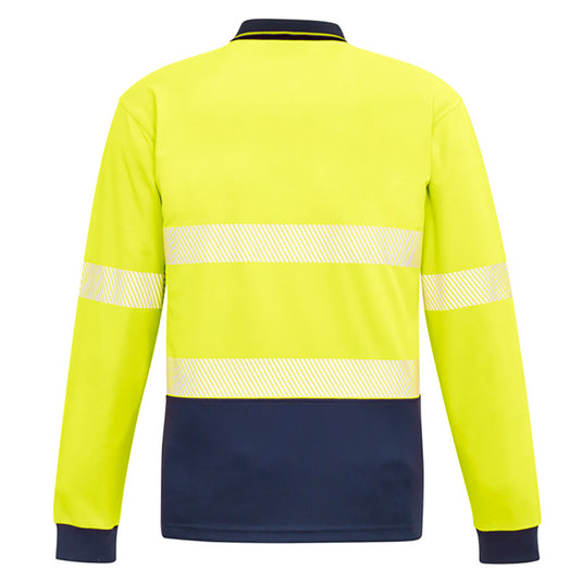 Syzmik Hi Vis Segmented Tape L/S Polo Shirt, featuring long sleeves and a chest pocket with a pen insert, designed for optimal comfort and moisture wicking, ideal for workplace safety environments.