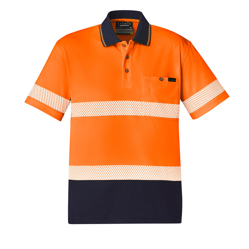 Load image into Gallery viewer, Syzmik Hi Vis Segmented Taped Polo Shirt featuring orange and navy stripes, designed for active wear with moisture-wicking and quick-dry properties, includes a chest pocket with pen insert.