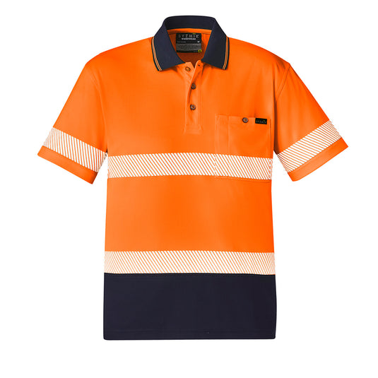 Syzmik Hi Vis Segmented Taped Polo Shirt featuring orange and navy stripes, designed for active wear with moisture-wicking and quick-dry properties, includes a chest pocket with pen insert.