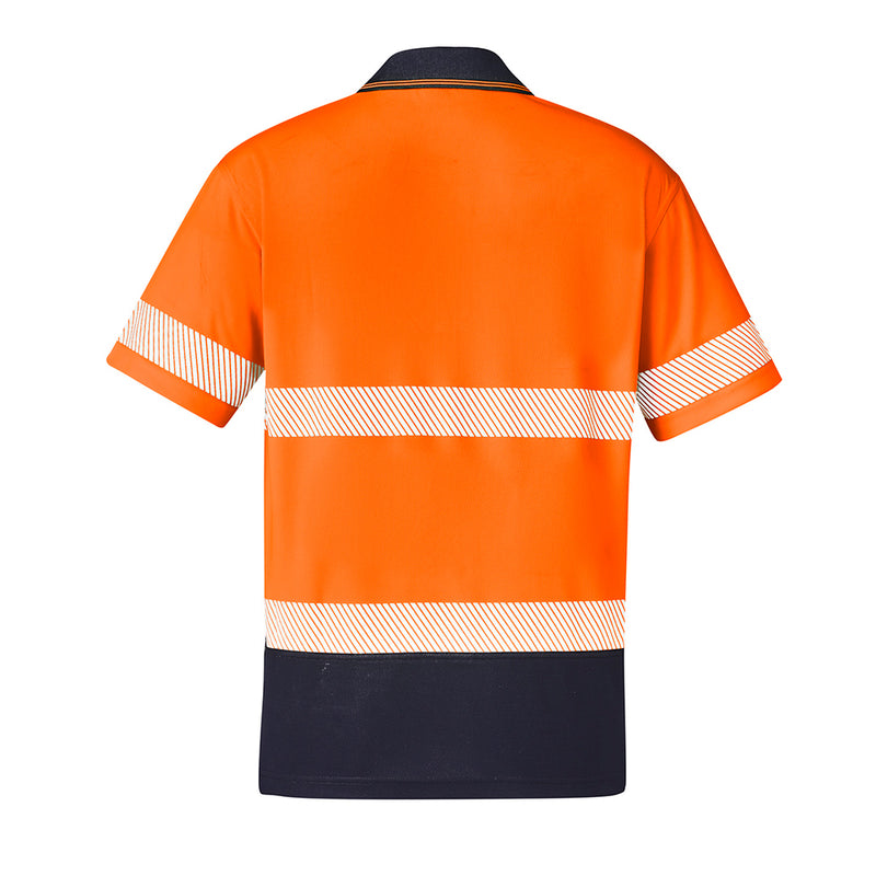 Load image into Gallery viewer, Syzmik Hi Vis Segmented Taped Polo Shirt, featuring a back view, showcases segmented tape for flexibility. Designed with moisture-wicking, breathable polyester, ideal for active safety environments.