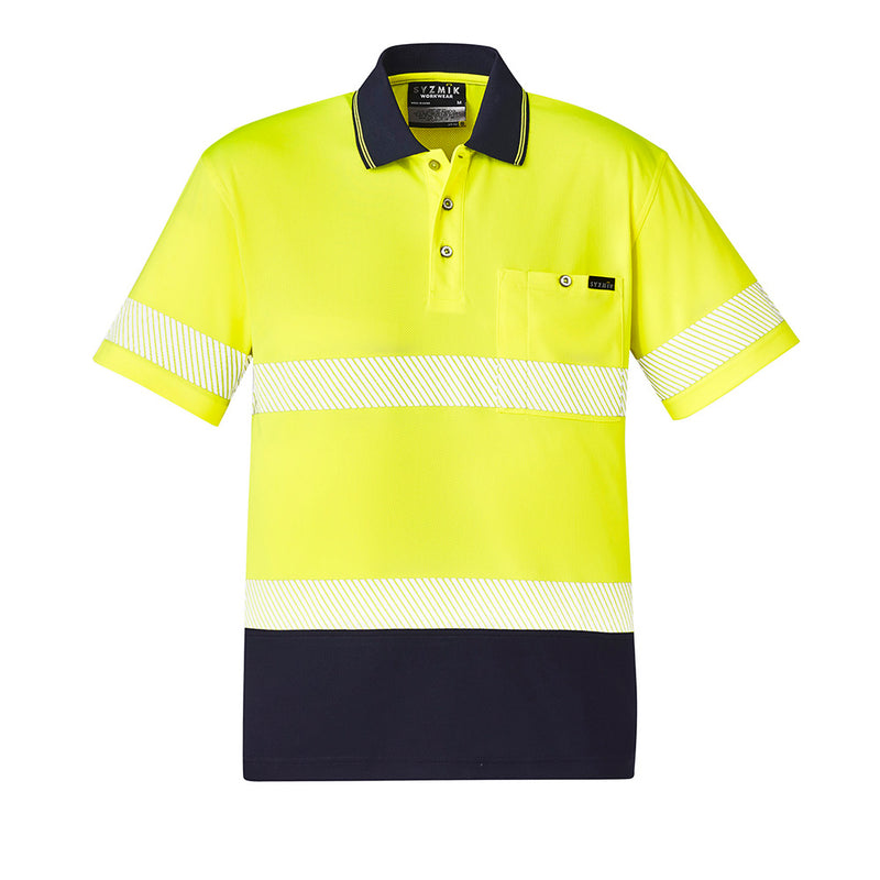 Load image into Gallery viewer, Syzmik Hi Vis Segmented Taped Polo Shirt featuring a sleek design with a collar and short sleeves. Ideal for safety and comfort, it includes a chest pocket with pen insert, perfect for active work environments.