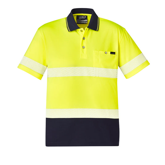 Syzmik Hi Vis Segmented Taped Polo Shirt featuring a sleek design with a collar and short sleeves. Ideal for safety and comfort, it includes a chest pocket with pen insert, perfect for active work environments.