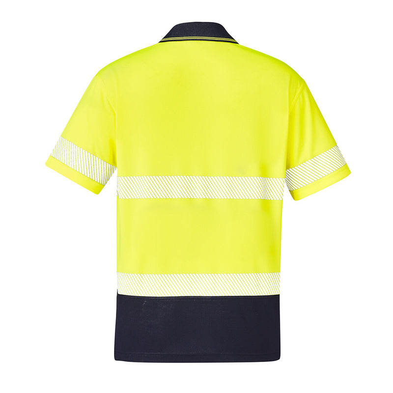 Load image into Gallery viewer, Syzmik Hi Vis Segmented Taped Polo Shirt, featuring a yellow and black design, short sleeves, and a chest pocket with pen insert, ideal for safety and comfort in active work environments.