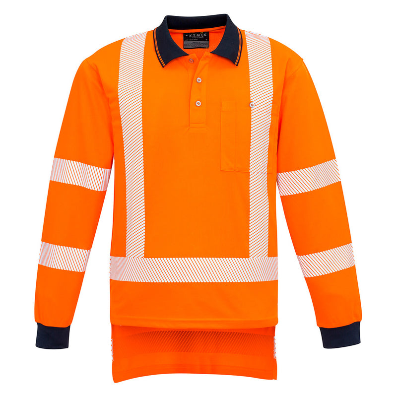 Load image into Gallery viewer, Syzmik Hi Vis TTMC-W Segmented Tape Polo Shirt featuring long sleeves, white stripes, and a chest pocket with pen insert, designed for comfort and safety in active work environments.