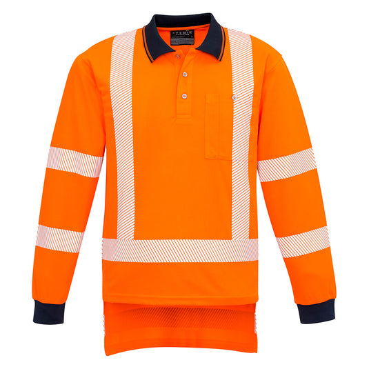 Syzmik Hi Vis TTMC-W Segmented Tape Polo Shirt featuring long sleeves, white stripes, and a chest pocket with pen insert, designed for comfort and safety in active work environments.