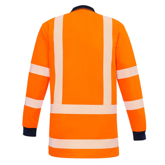 Syzmik Hi Vis TTMC-W Segmented Tape Polo Shirt, showcasing a back view of its innovative segmented tape design. Made from breathable, quick-dry 100% polyester, perfect for active safety environments.