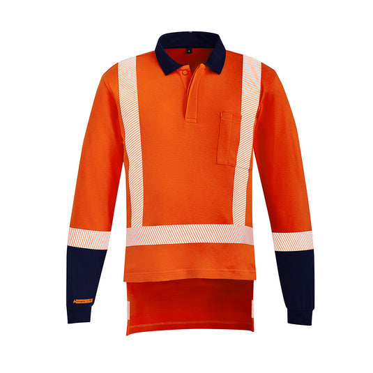 Syzmik FR TTMC-W17 X-Back Taped L/S Polo featuring reflective tape, FR-rated buttons, and a concealed centre placket for protection. Made from breathable MODATech® fabric with antistatic properties and a chest pocket.