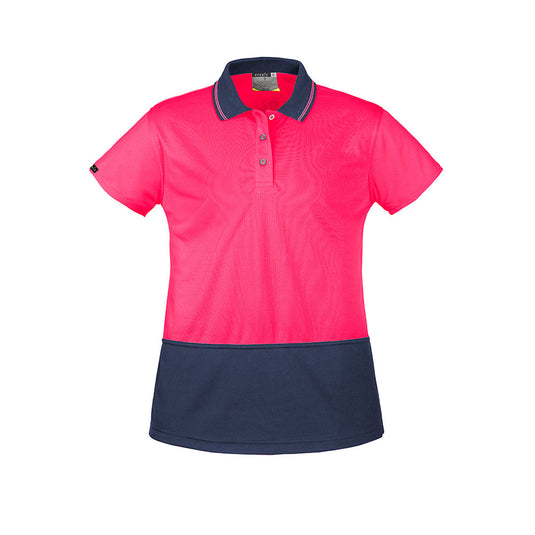 Syzmik Womens Hi Vis Basic Short Sleeve Polo designed for optimal fit, features moisture-wicking 144 Filament microfibre polyester, short sleeves, and a collar, ideal for safety-focused environments.