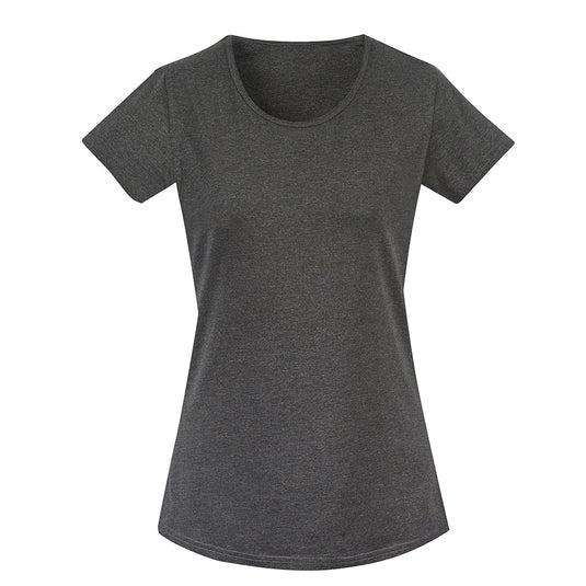 Syzmik Womens Streetworx T-Shirt featuring a modern slim fit with a scoop neck and curved hem, displayed on a hanger, emphasizing its lightweight, breathable cotton fabric and tailored design.