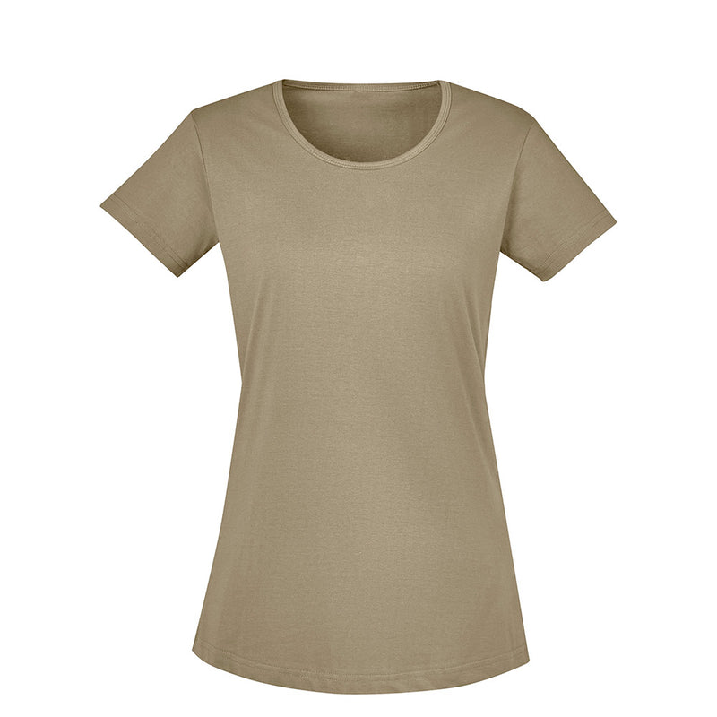 Load image into Gallery viewer, Syzmik Womens Streetworx T-Shirt displayed on a hanger, showcasing its modern slim fit with a scoop neck and longer tail. The shirt's lightweight cotton fabric emphasizes comfort and style.