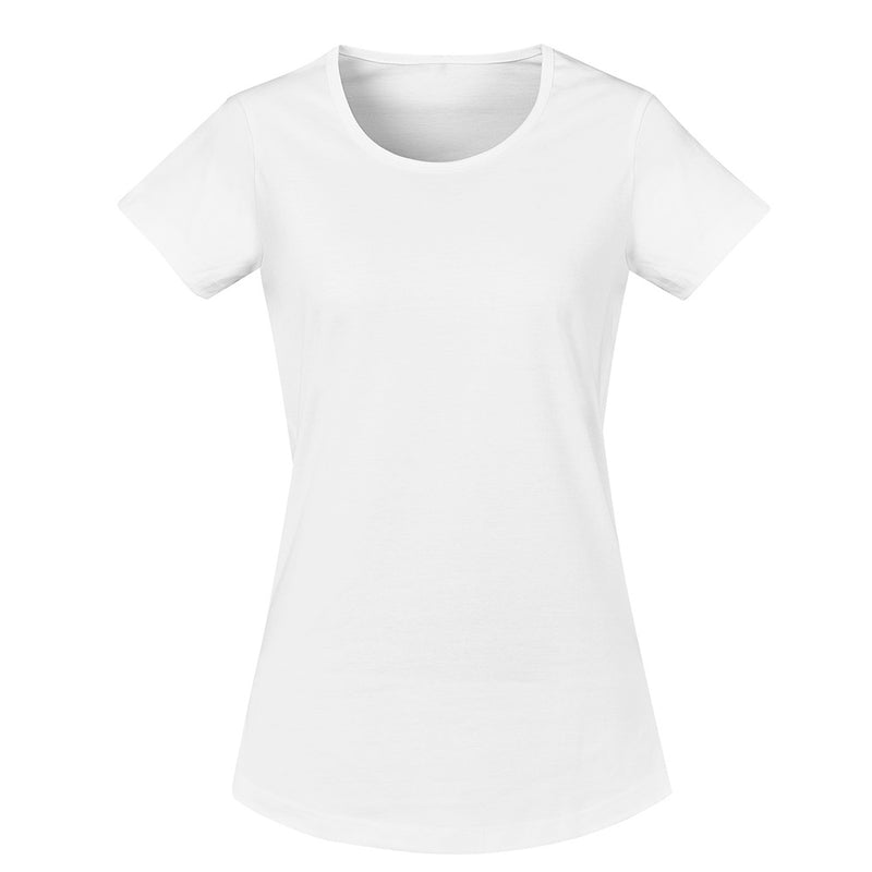Load image into Gallery viewer, Syzmik Womens Streetworx T-Shirt displayed on a hanger, featuring a round neck and modern slim fit with a longer tail and curved hem, ideal for active and casual wear.