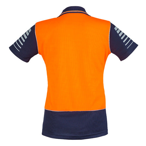 Load image into Gallery viewer, Syzmik Ladies Hi Vis Zone S/S Polo Shirt showcasing a back view with sleeve print and 3M™ reflective piping, ideal for safety-conscious workplaces. The shirt is breathable, quick-drying, and designed for active environments.