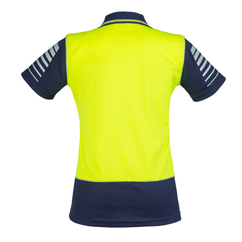 Load image into Gallery viewer, Syzmik Ladies Hi Vis Zone S/S Polo Shirt, featuring a distinctive sleeve print and 3M™ reflective piping, crafted from breathable, quick-dry polyester with moisture-wicking properties, ideal for active workplace settings.