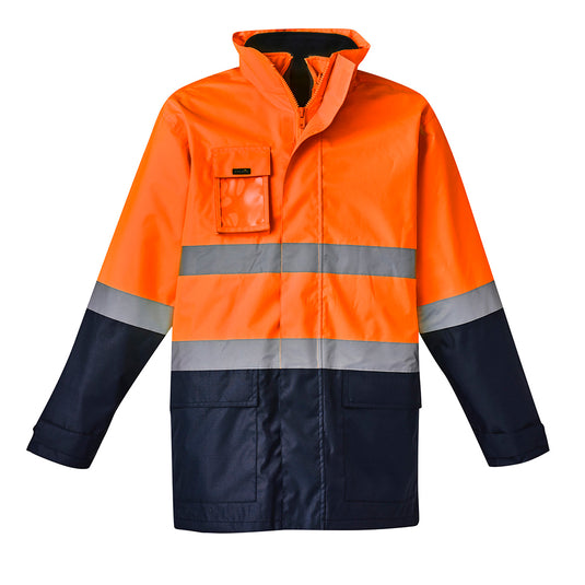 Syzmik Hi Vis 4-in-1 Rain Jacket Combo featuring a waterproof, seam-sealed design with a reversible vest, adjustable cuffs, storm flap, concealed hood, and clear ID holder, perfect for safety and protection.