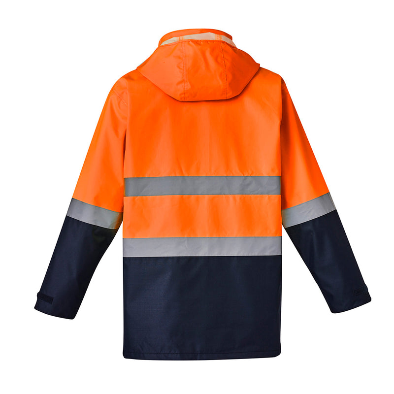 Load image into Gallery viewer, Syzmik Hi Vis 4-in-1 Rain Jacket Combo featuring a hood, reflective stripes, and multiple pockets, perfect for workplace safety. Includes a reversible vest with fleece lining and adjustable cuffs.