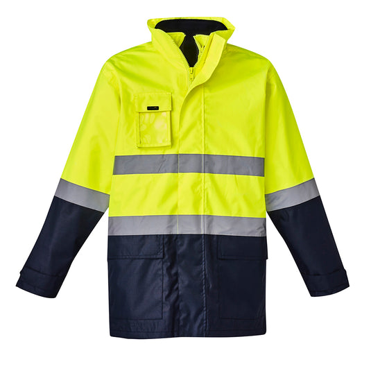 Syzmik Hi Vis 4-in-1 Rain Jacket Combo, featuring a reversible vest with fleece lining and storm flap, clear ID holder, and adjustable cuffs, ideal for safety and versatility in workwear.