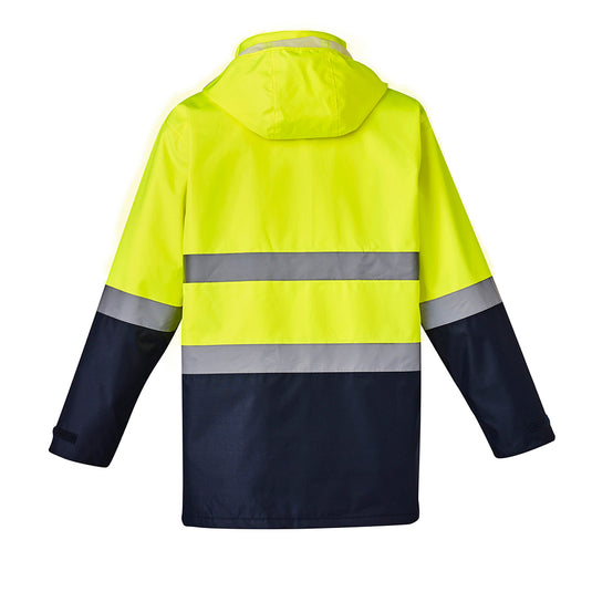 Syzmik Hi Vis 4-in-1 Rain Jacket Combo features a versatile design with adjustable cuffs, storm flap, and concealed hood. Includes a detachable vest with fleece lining, ideal for safety-focused work environments.