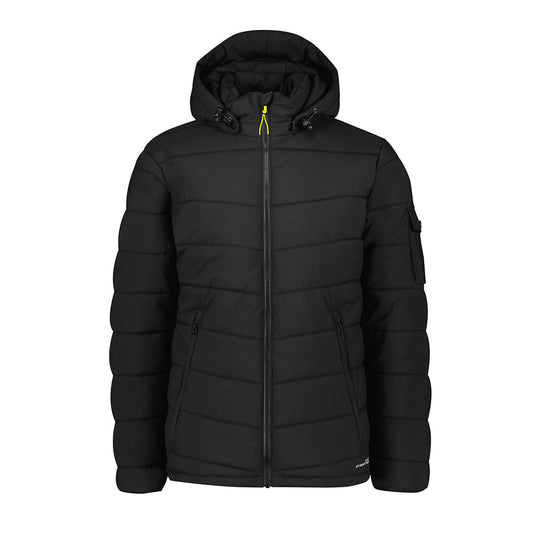Syzmik Streetworx Hooded Puffer Jacket featuring a yellow zipper and a hood, designed with durable ripstop fabric and functional pockets, ideal for safety-conscious work environments.